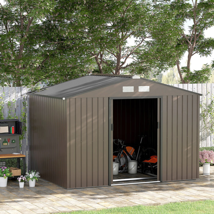 Outdoor Metal Storage Shed - 9 x 6FT with Foundation, Ventilation, and Double Doors - Spacious Brown Garden Solution for Tools and Equipment