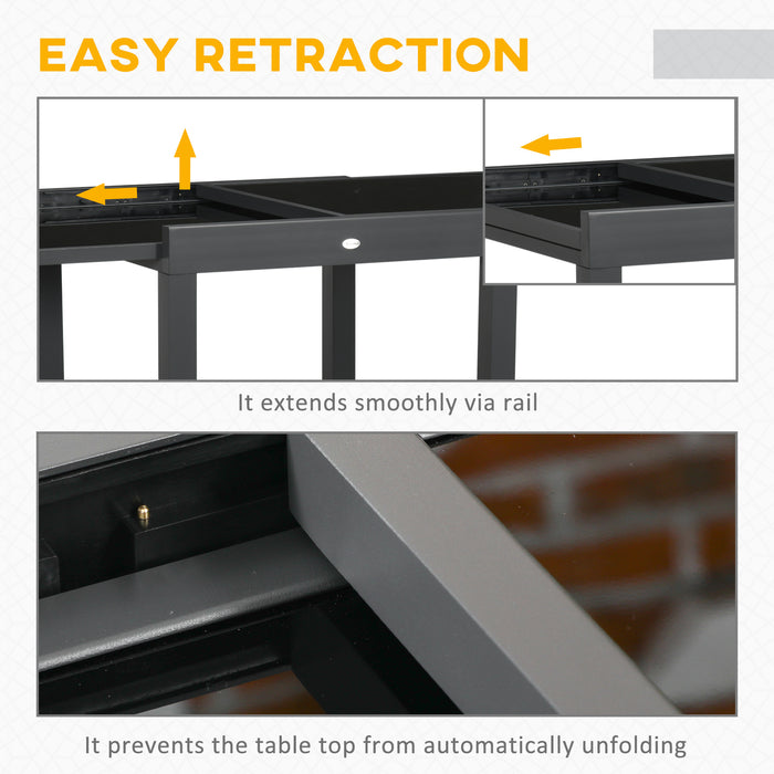 Extendable Patio Dining Table - Aluminum Frame and Tempered Glass Top, 80/160 x 80 x 75 cm in Black - Ideal for Outdoor Entertaining and Family Gatherings