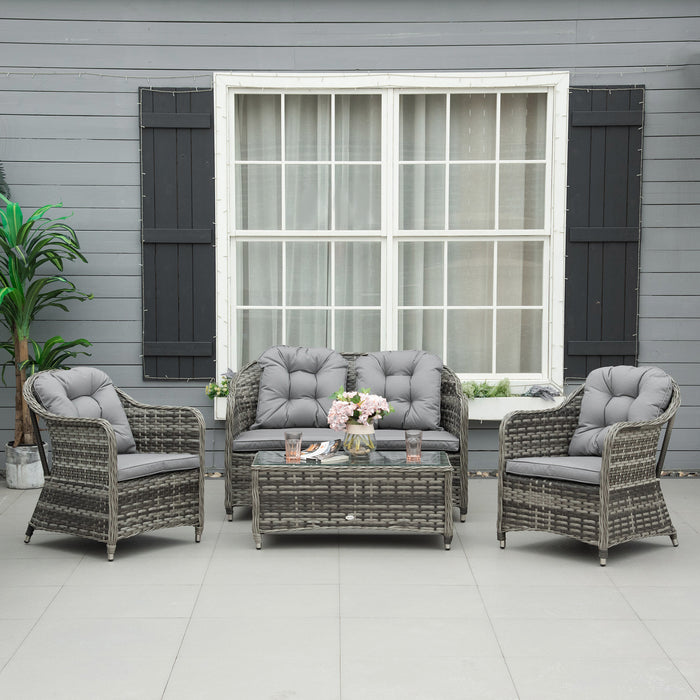 4-Seater PE Rattan Wicker Sofa Set - Outdoor Conservatory Patio Furniture with Coffee Table and Grey Cushions - Ideal for Lawn Gatherings and Relaxation