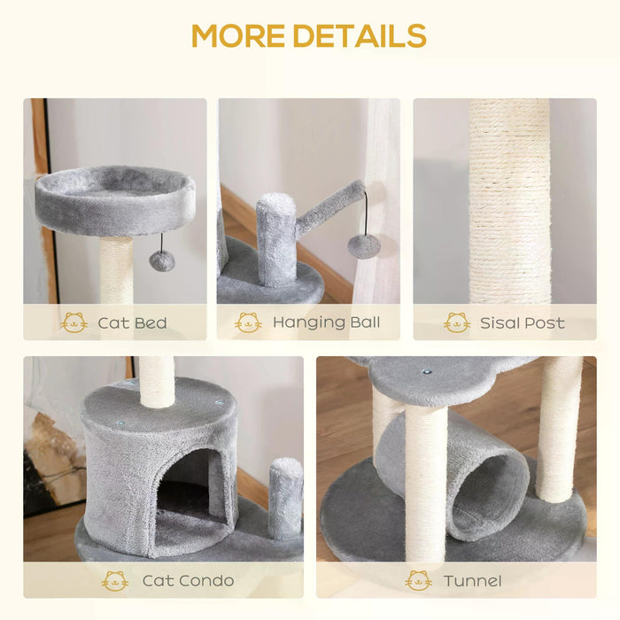 Cat Tree Tower Climber - Kitten Activity Center with Jute Scratching Posts, Bed, Tunnel, Perch, and Hanging Balls - Playful Furniture for Cats in Stylish Grey