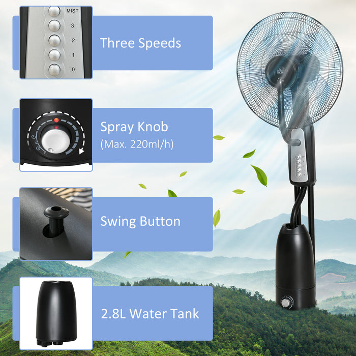 Pedestal Humidifying Misting Fan - 3-Speed, 2.8L Water Tank, Black - Ideal for Cooling and Air-Moistening in Dry Climates