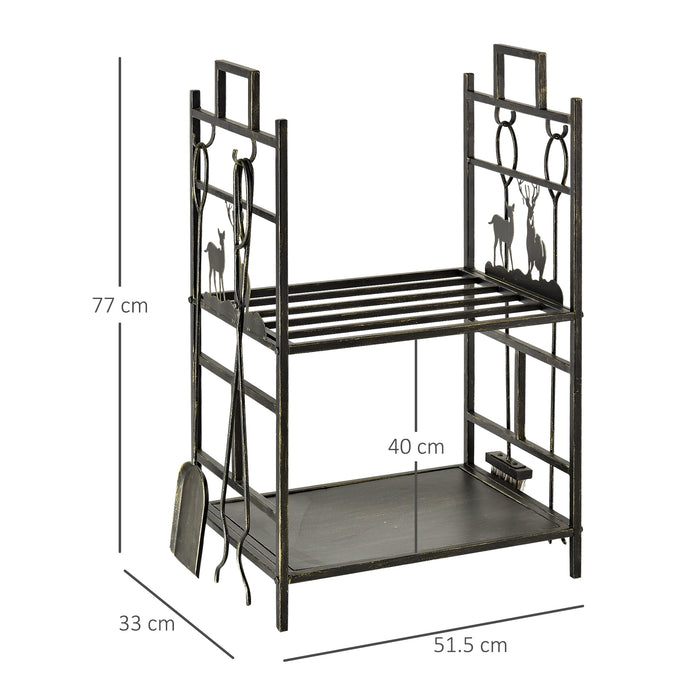 Heavy Duty 2-Layer Firewood Rack with Log Stacker - Includes 4 Fireplace Tools in Gold Finish - Storage Solution for Wood Burning Enthusiasts