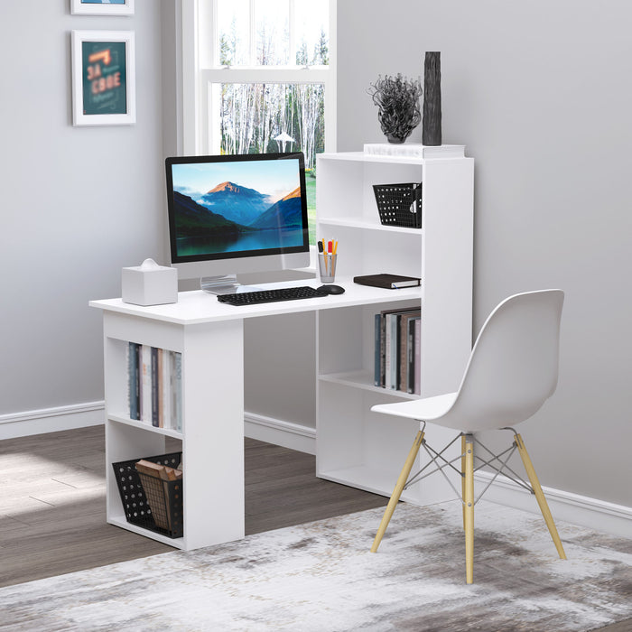 120cm Modern Computer Desk with Bookshelf - Writing Table & Workstation for PC, Laptop with 6 Shelves - Ideal for Study and Home Office Use in White