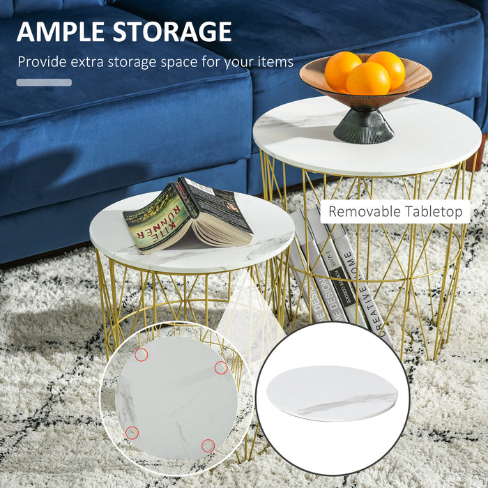 Round Nesting Side & End Tables with Storage - Steel Frame with Removable Tops, Set of 2 in White - Space-Saving Furniture for Small Apartments