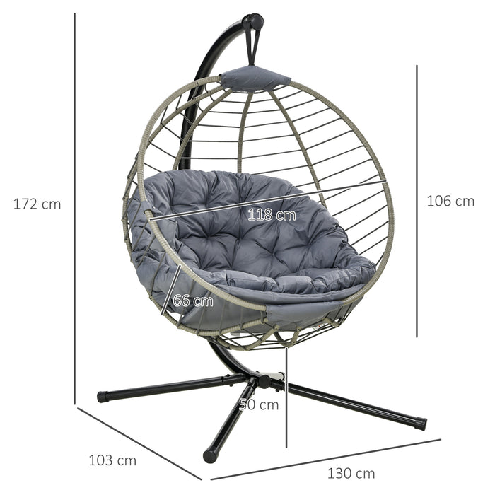 PE Rattan Swing Chair with Metal Stand - Thick Padded Cushion, Foldable Design & Cup Holder for Comfort - Stylish Outdoor Hanging Chair for Relaxation