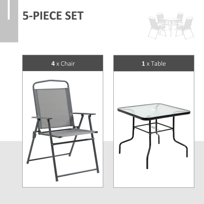 Outdoor 5-Piece Dining Set with Glass Tabletop - Includes 4 Folding Chairs & Texteline Seats, Parasol-Compatible - Perfect for Patio & Garden Entertaining