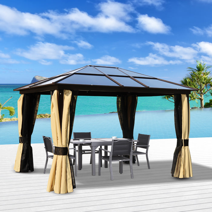 Polycarbonate Hardtop Gazebo 3.6x3m - Aluminium Frame with Solar-Powered LED Lights, Mosquito Netting, and Privacy Curtains - Outdoor Shelter for Patio and Garden Comfort