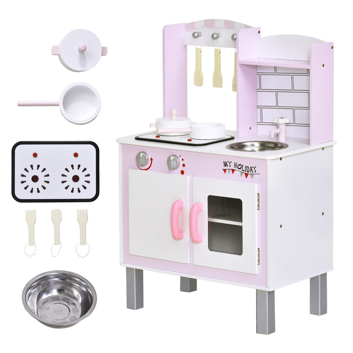 Wooden Kids Play Kitchen Set with Cooking Sounds - Complete Pretend Playset with Utensils, Pans, and Storage - Ideal for Children's Role Play and Learning, Age 3+, in Pink