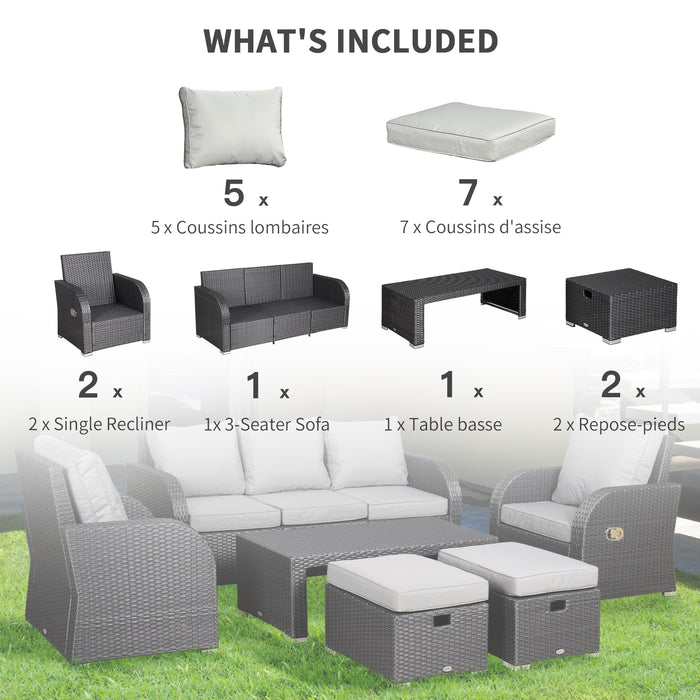 7-Seater Rattan Garden Furniture Set - Wicker Weave Patio Ensemble with Coffee Table and Footstool, Light Grey - Ideal for Outdoor Relaxation and Entertaining