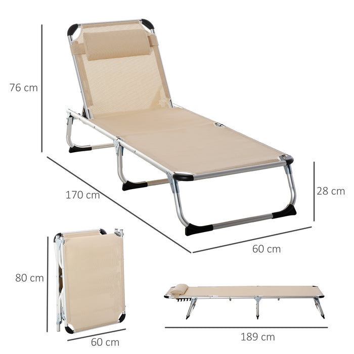 Foldable 5-Position Reclining Sun Lounger with Pillow - Lightweight Aluminum Frame Camping Bed & Chair - Ideal Outdoor Relaxation for Patio, Beach, & Poolside