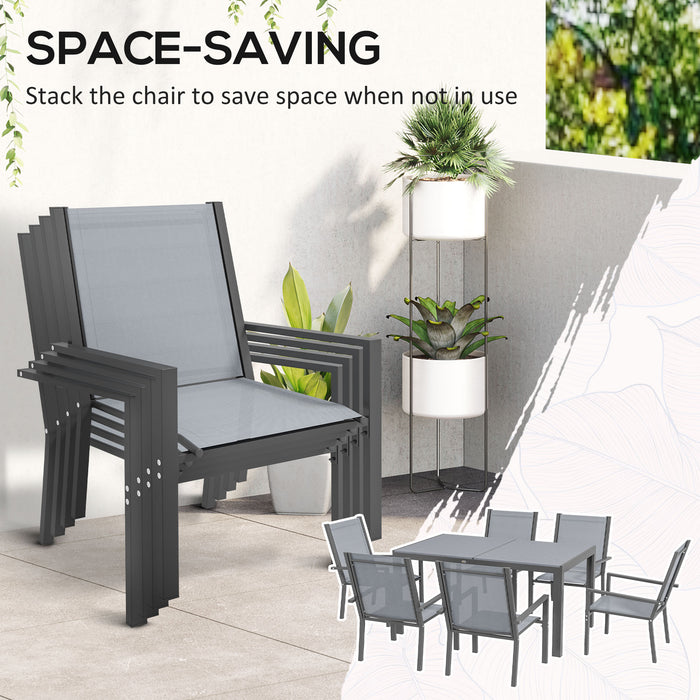 7-Piece Garden Dining Set - Wood-Plastic Composite Table, Stackable Chairs with Breathable Mesh Fabric - Ideal for Patio and Outdoor Entertaining