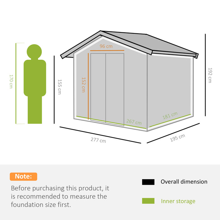 9x6FT Metal Garden Storage Shed - Outdoor Unit with Floor Foundation, Ventilation, and Doors - Spacious Grey Solution for Tools and Equipment Storage