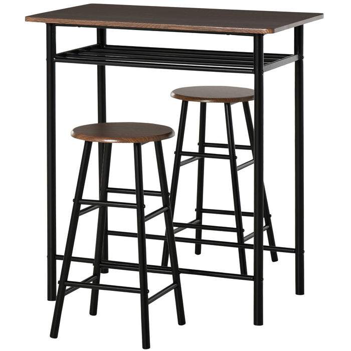 Bar Table and Stools Combo - Industrial Style Set with Storage Shelf and Metal Frame Footrest - Perfect for Kitchen, Dining Room, Pub, or Cafe Spaces in Black and Oak