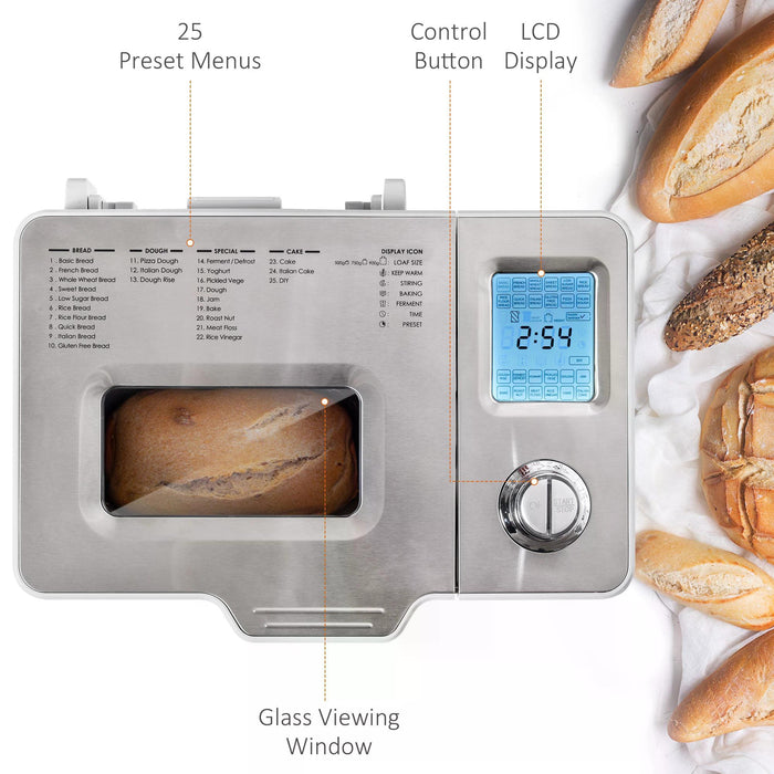 25 in 1 Programmable Bread Machine with 0.9 KG Capacity - Stainless Steel Dough Maker, Auto Fruit Nut Dispenser, Nonstick Pan - Ideal for Baking Custom Loaf Sizes, 550W Power