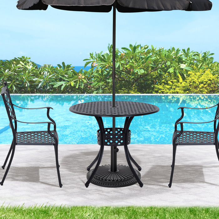 Aluminium Round Garden Table with Umbrella Hole - 85cm Grid Motif Outdoor Dining Furniture, Black - Perfect for Patio and Garden Entertainment