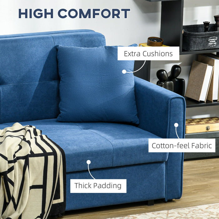 Convertible Fabric Loveseat Sofa Bed with Cushions - 2-Seater Settee with Hidden Storage, Modern Design - Ideal for Guest Room, Dark Blue