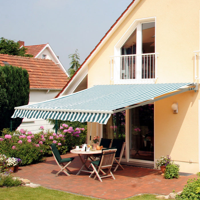 4m x 3m Patio Awning - Manual Retractable Sun Shade Shelter, Green and White Stripes - Ideal Outdoor Coverage for Garden & Patio