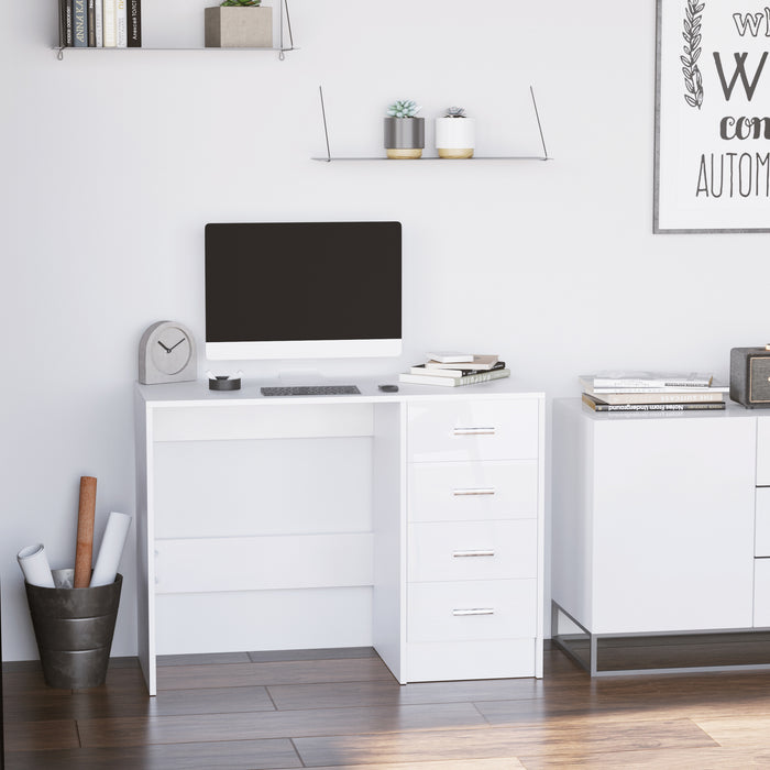 Modern 4-Drawer High Gloss Computer Desk - Sturdy Home Office Workstation in White - Ideal for Writers and Professionals