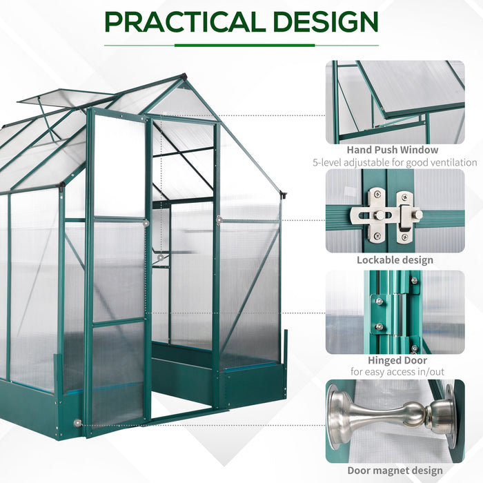 Aluminium Frame Walk-in Greenhouse - 6x8ft with Polycarbonate Panels & Built-In Plant Beds - Temperature Regulation & Sturdy Foundation for Gardeners