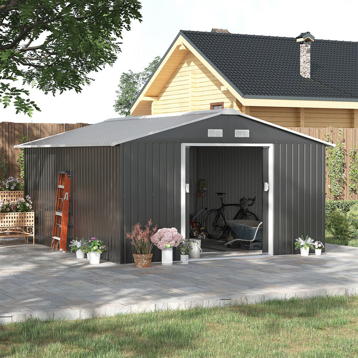 Foundation Ventilation Steel Shed - 13 x 11 ft Large Outdoor Storage, Grey - Ideal for Garden and Equipment Protection