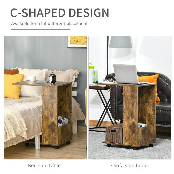 C-Shape Sofa Side Table with Storage - Mobile End Table with Casters for Laptop and Snacks - Ideal for Living Room Convenience, Rustic Brown Design