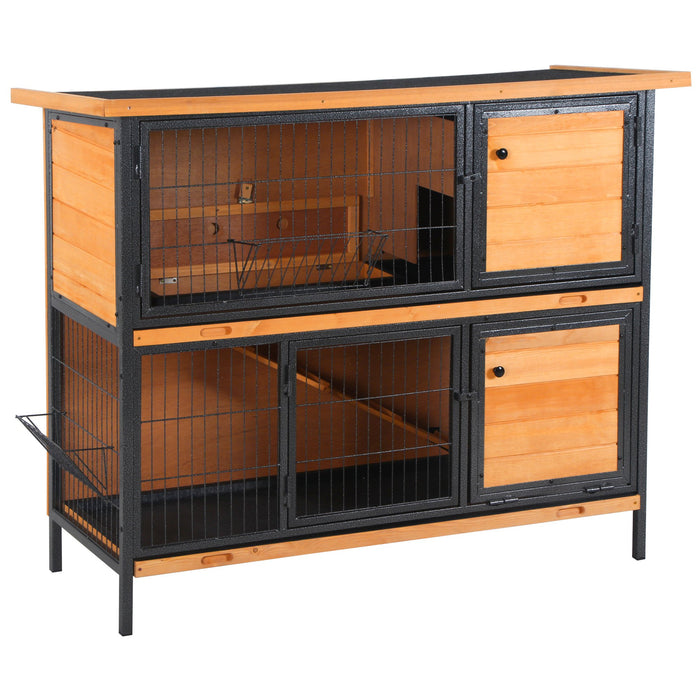 2-Floor Wooden Guinea Pig Hutch with Metal Frame - Bunny Cage with Slide-Out Tray, Feeding Trough, Ramp & Lockable Door - Easy Access Openable Roof for Small Pet Comfort & Security