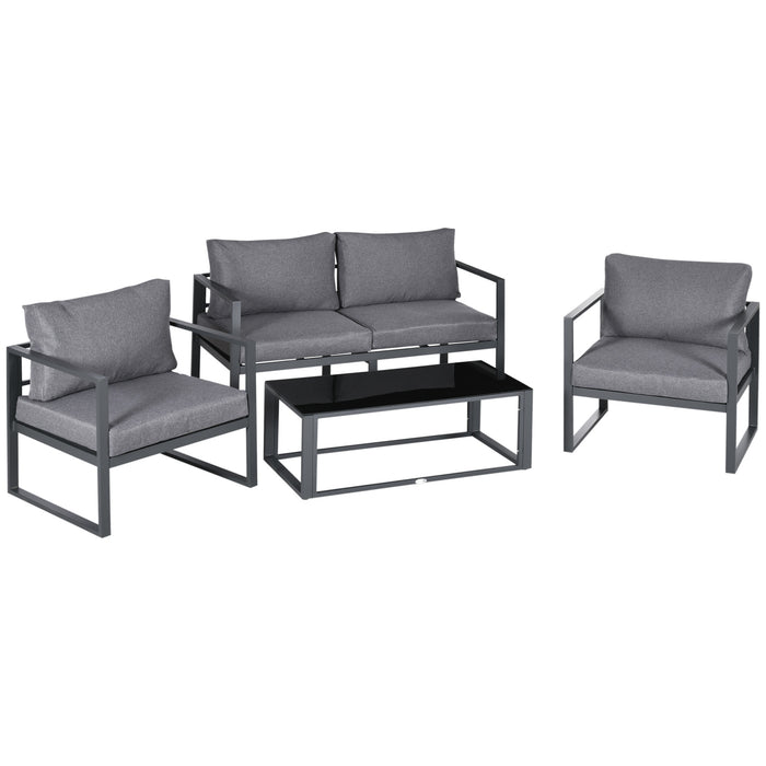 4-Piece Outdoor Lounge Set - Aluminum Patio Furniture with 2 Armchairs, Bench & Side Table, Grey Cushions - Ideal for Garden, Deck, and Poolside Entertaining