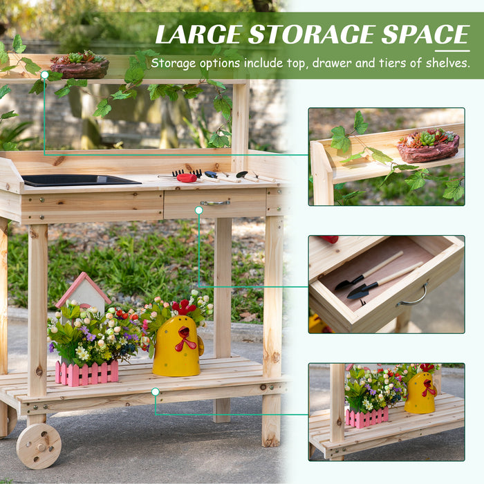 Outdoor Garden Potting Bench - Wooden Work Station with Wheels, Sink, Drawer & Ample Storage - Ideal for Gardeners & Planting Enthusiasts