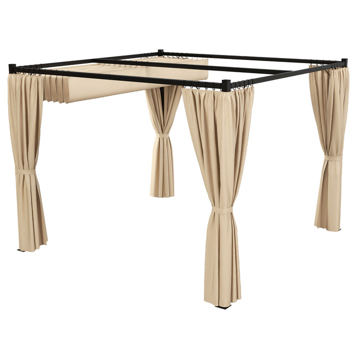 Retractable Pergola 3x3(m) with Curtains - Outdoor Garden Gazebo Shelter for Patio and Deck - Ideal for Grill Areas and Entertaining Guests, Beige