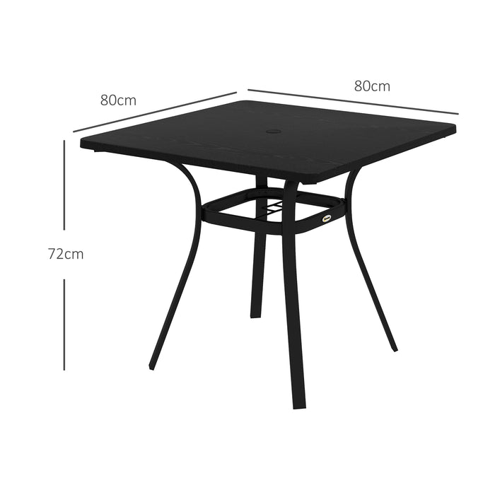 Sturdy Black Steel Garden Table with Metal Top - Foot Pads & Umbrella Hole for Outdoor Use - Ideal for Balcony & Porch Spaces