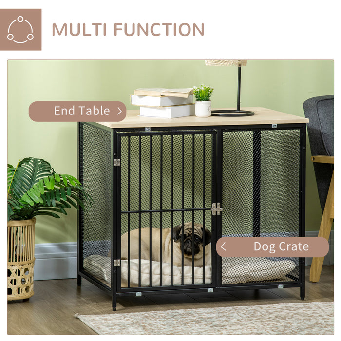 Indoor Wooden Dog Crate End Table with Cushion - Mesh Wall Pet Kennel with Sturdy Top - Stylish Furniture for Small to Medium Dogs