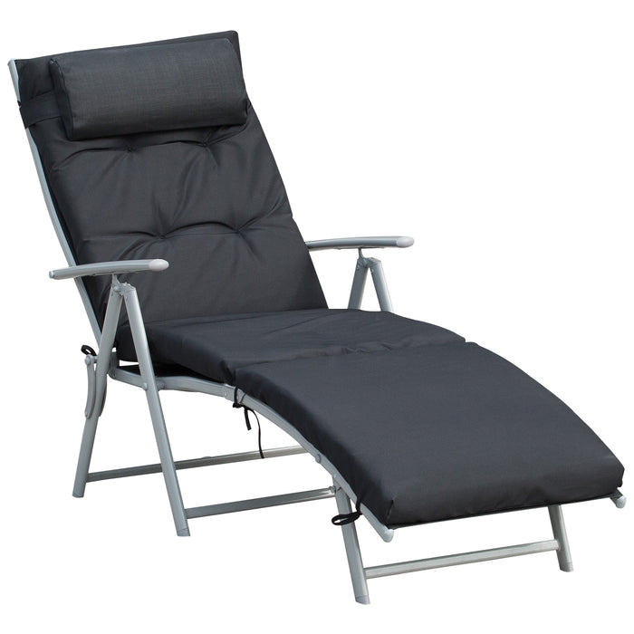 Outdoor Patio Adjustable Sun Lounger - Foldable Reclining Garden Chair with Texteline Fabric and Pillow, Black Cushion Included - Comfortable Seating for Relaxation and Sun Bathing