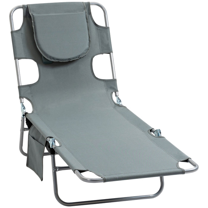 Portable Beach Chaise Lounge with Face Hole & Armrests - Sunbathing Recliner with 5 Adjustable Positions, Grey - Ideal for Poolside Relaxation & Tanning Sessions