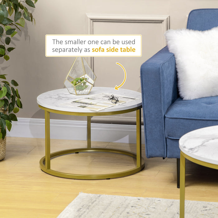 Round Nesting Coffee Table Pair with Faux Marble Top - Sturdy Metal Frame, Modern Accent Side Tables - Ideal for Living Room Elegance and Space Saving