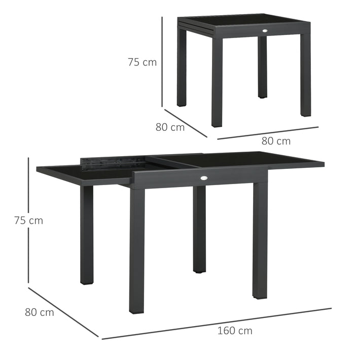 Extendable Patio Dining Table - Aluminum Frame and Tempered Glass Top, 80/160 x 80 x 75 cm in Black - Ideal for Outdoor Entertaining and Family Gatherings