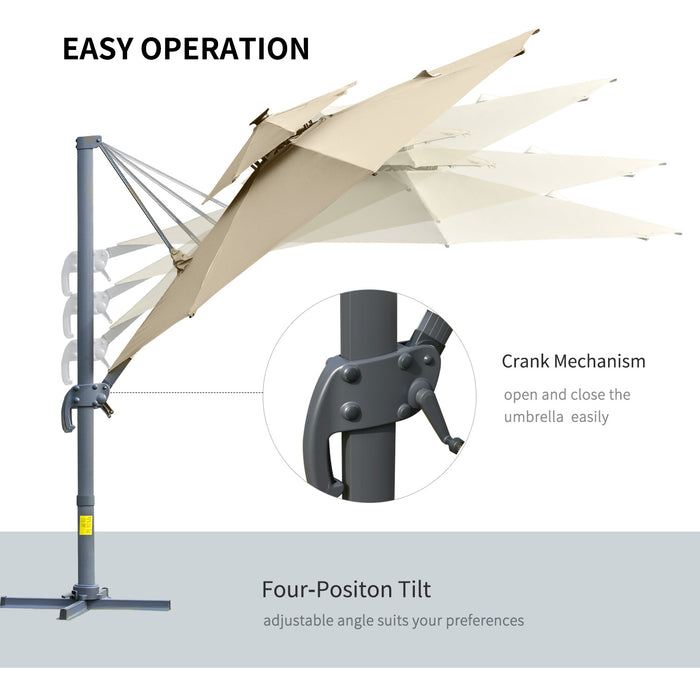 3M Cantilever Parasol with Solar Lights - Adjustable Canopy, 360° Rotation, Power Bank & Cross Base - Outdoor 2-Tier Roof Garden Umbrella for Sun Protection, Khaki