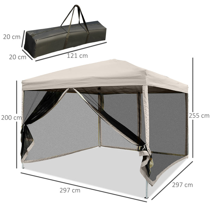 Pop Up Gazebo with Mesh Walls, 3x3m, Tan - Outdoor Canopy Shelter with Bug Screen - Ideal for Garden Parties and Camping Events