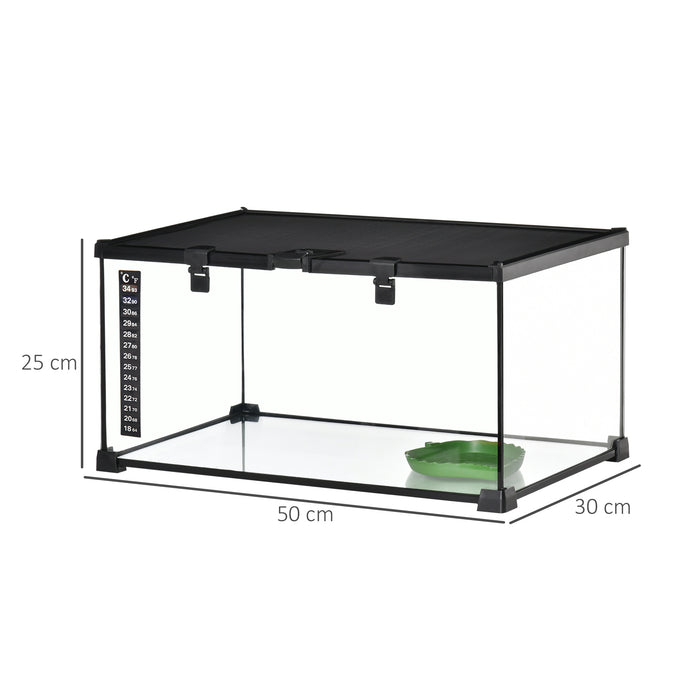 Reptile Glass Terrarium with Thermometer - 50x30x25cm Climbing Pet Enclosure, Breeding Tank - Ideal for Arboreal Animals, Black Finish