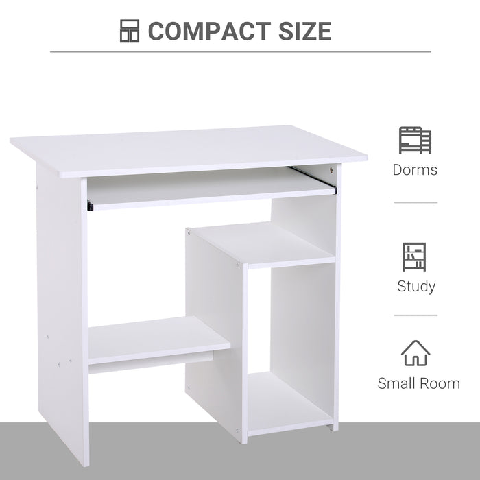 Modern White Wooden Office Desk - Corner Table with Keyboard Tray and Storage Shelf - Ideal for Home Office Organization