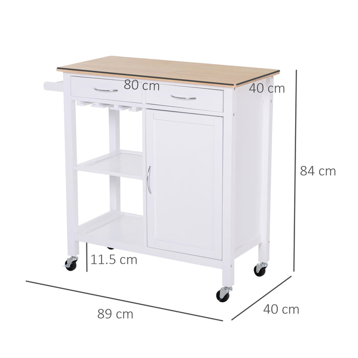 Kitchen Storage Trolley with Wheels - Rolling Cart with Shelves, Drawers, Towel Rail, and Wine Glass Rack - White Island Cupboard with Pine Wood Worktop for Space-Saving Organization