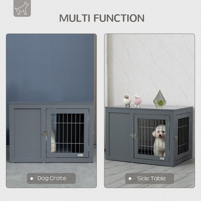 End Table Dog Crate with Style - Indoor Dual-Door Lockable Pet Cage Kennel for Small to Medium Dogs - Decorative Grey Puppy House Blends with Home Decor