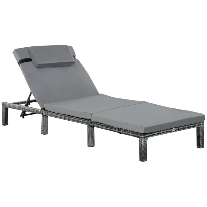 Garden Rattan Sun Lounger - Outdoor Patio Recliner with Fire-Resistant Sponge, Grey - Ideal for Relaxation and Sunbathing