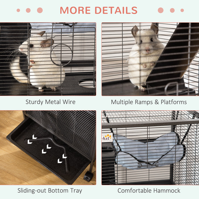 Deluxe Wheeled Small Animal Habitat - Chinchilla, Ferret & Kitten Friendly Cage with Hammock & 4 Platforms - Includes Removable Tray for Easy Cleaning