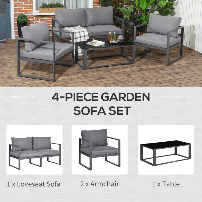 4-Piece Outdoor Lounge Set - Aluminum Patio Furniture with 2 Armchairs, Bench & Side Table, Grey Cushions - Ideal for Garden, Deck, and Poolside Entertaining