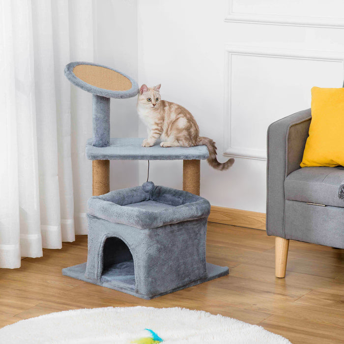 Kitten Activity Center with Scratching Posts - Multi-Level Cat Tree Tower with Condo Perch Bed & Interactive Ball Toy, 48x48x84cm - Ideal for Playful Cats and Kittens, Grey