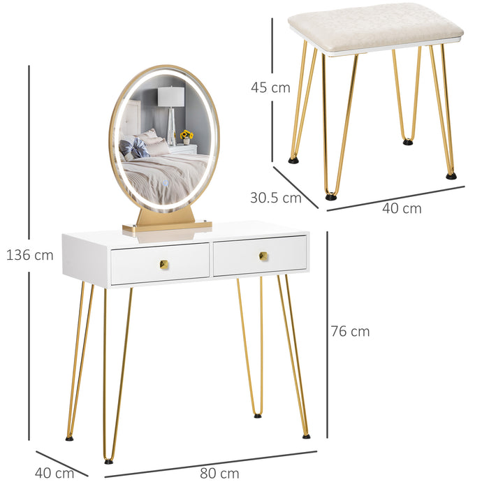 Vanity Makeup Desk with Illuminated Round Mirror - Elegant White Dressing Table Set with LED Light & 2 Storage Drawers - Includes Comfortable Cushioned Stool for Bedroom Décor