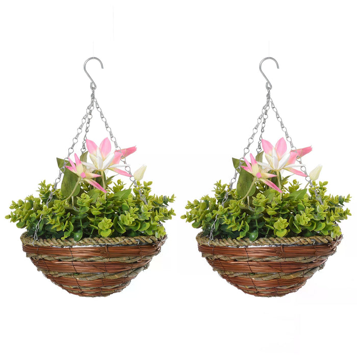 Artificial Clematis Flowers Hanging Duo - Pack of 2 Lush Faux Floral Planters for Indoors & Outdoors - Enhance Home & Garden Aesthetics