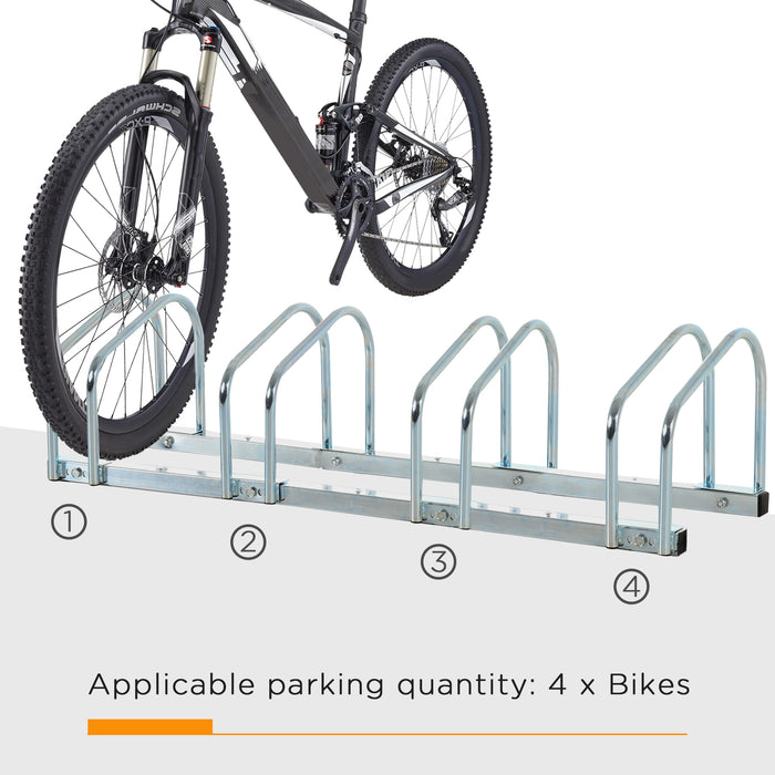 Bike Floor Rack for 4 Bicycles - Sturdy Silver Metal Construction - Space-Saving Storage Solution for Cyclists