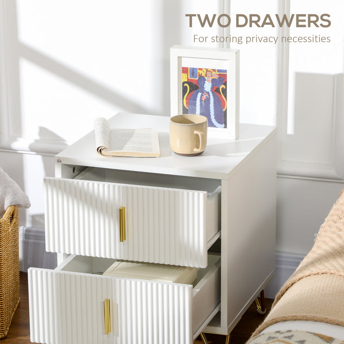 2-Drawer Bedside Table - Sleek White Nightstand with Sturdy Metal Frame - Ideal for Bedroom & Living Room Storage Solutions