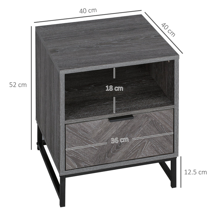 Dark Grey Nightstand with Storage - Modern Bedside Table with Drawer & Open Shelf, Steel Legs - Ideal for Bedroom & Living Room Organization